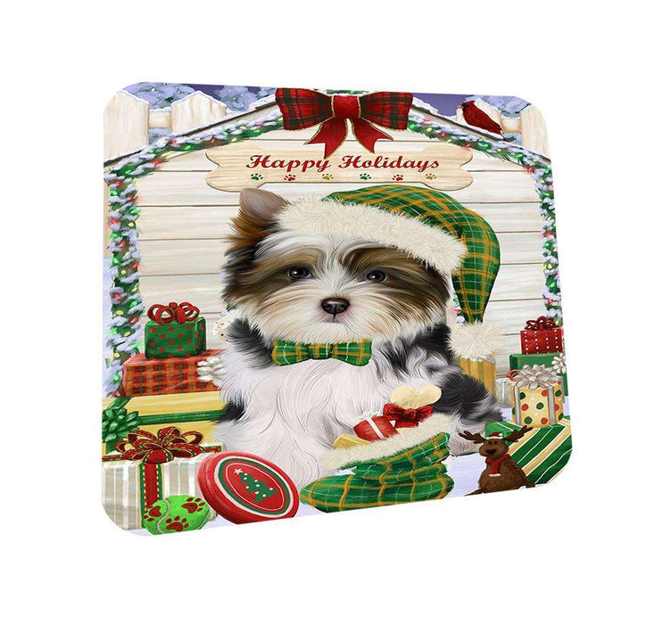 Happy Holidays Christmas Biewer Terrier Dog With Presents Coasters Set of 4 CST52594