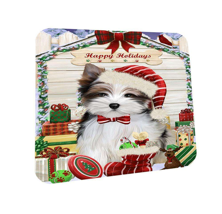 Happy Holidays Christmas Biewer Terrier Dog With Presents Coasters Set of 4 CST52595