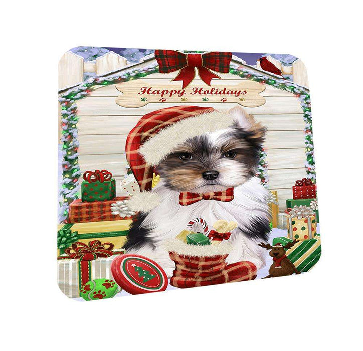 Happy Holidays Christmas Biewer Terrier Dog With Presents Coasters Set of 4 CST52596