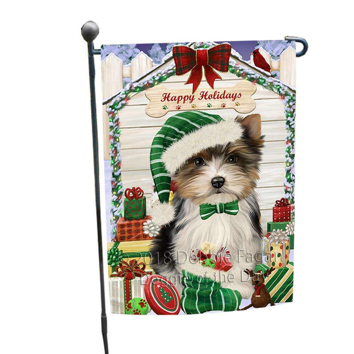 Happy Holidays Christmas Biewer Terrier Dog With Presents Garden Flag GFLG52579