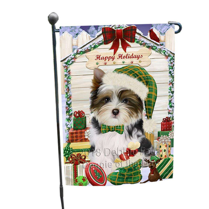 Happy Holidays Christmas Biewer Terrier Dog With Presents Garden Flag GFLG52580