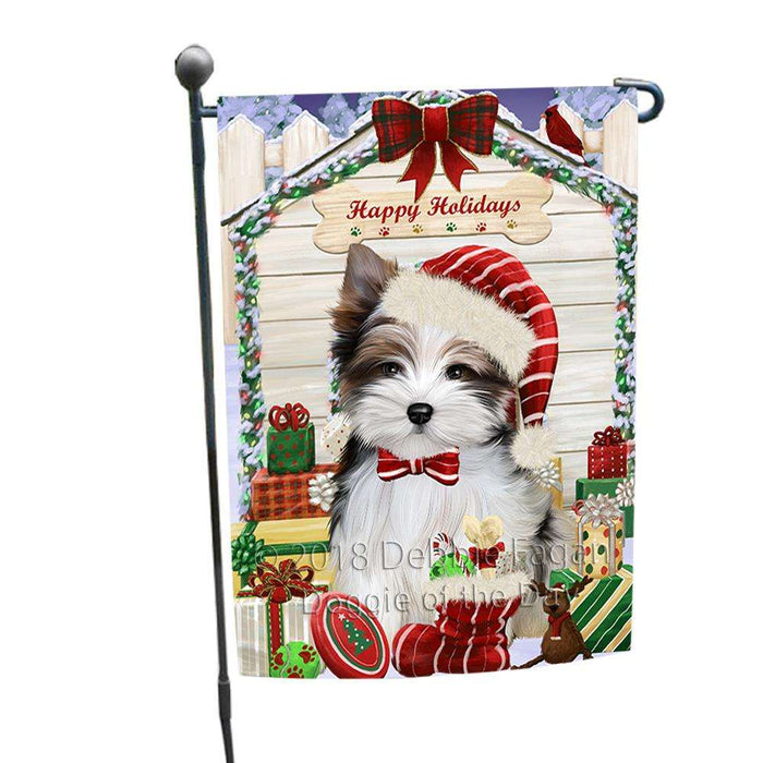 Happy Holidays Christmas Biewer Terrier Dog With Presents Garden Flag GFLG52581