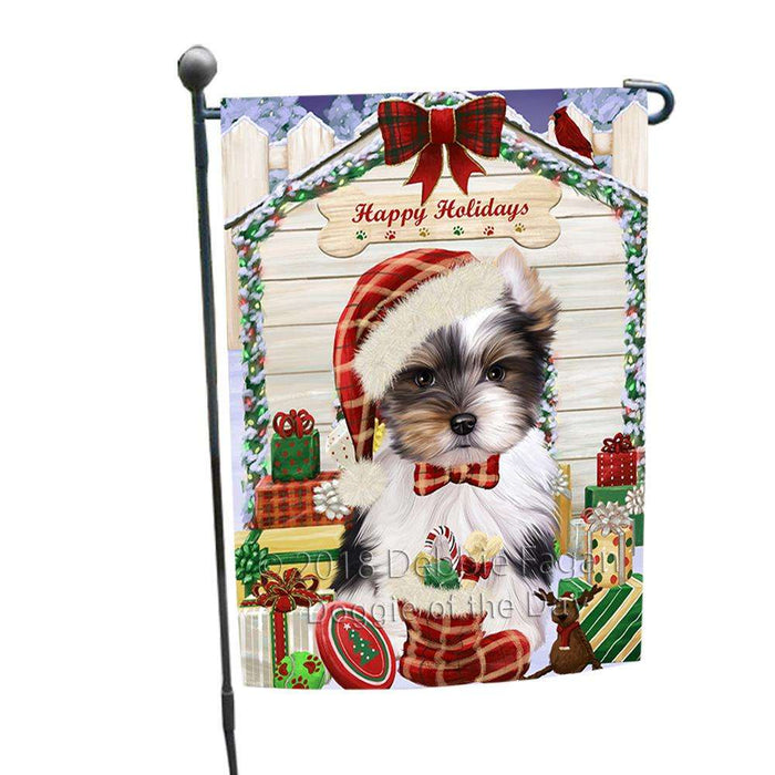 Happy Holidays Christmas Biewer Terrier Dog With Presents Garden Flag GFLG52582