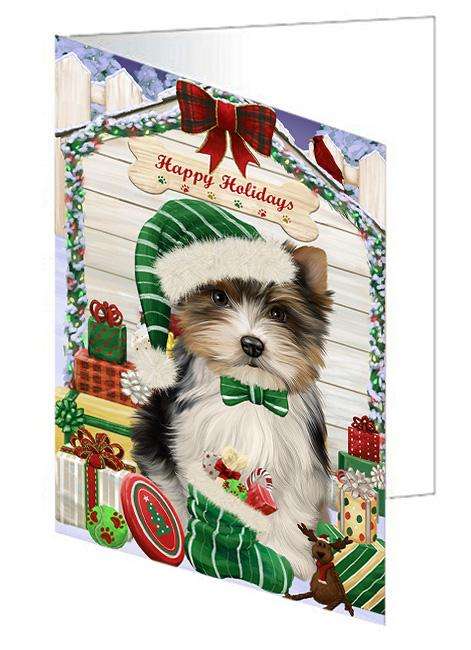 Happy Holidays Christmas Biewer Terrier Dog With Presents Handmade Artwork Assorted Pets Greeting Cards and Note Cards with Envelopes for All Occasions and Holiday Seasons GCD61931