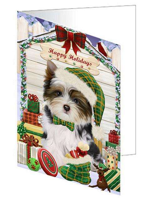 Happy Holidays Christmas Biewer Terrier Dog With Presents Handmade Artwork Assorted Pets Greeting Cards and Note Cards with Envelopes for All Occasions and Holiday Seasons GCD61934