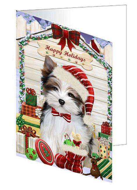 Happy Holidays Christmas Biewer Terrier Dog With Presents Handmade Artwork Assorted Pets Greeting Cards and Note Cards with Envelopes for All Occasions and Holiday Seasons GCD61937