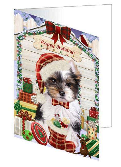 Happy Holidays Christmas Biewer Terrier Dog With Presents Handmade Artwork Assorted Pets Greeting Cards and Note Cards with Envelopes for All Occasions and Holiday Seasons GCD61940