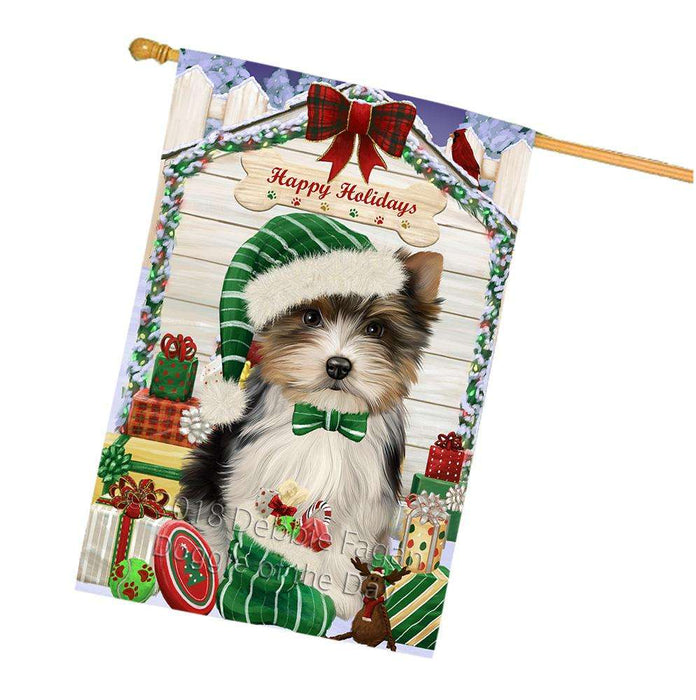 Happy Holidays Christmas Biewer Terrier Dog With Presents House Flag FLG52715