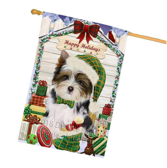 Happy Holidays Christmas Biewer Terrier Dog With Presents House Flag FLG52716