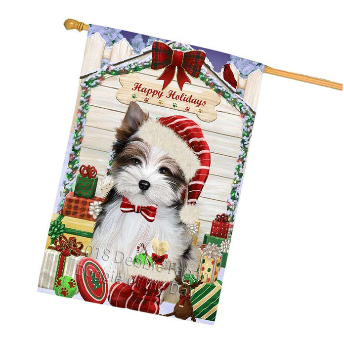 Happy Holidays Christmas Biewer Terrier Dog With Presents House Flag FLG52717