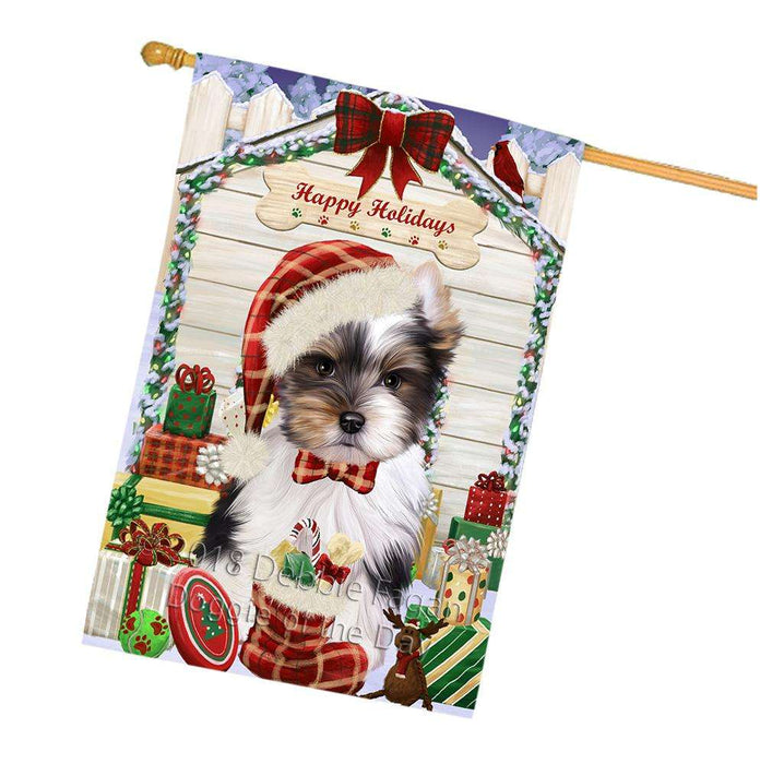 Happy Holidays Christmas Biewer Terrier Dog With Presents House Flag FLG52718