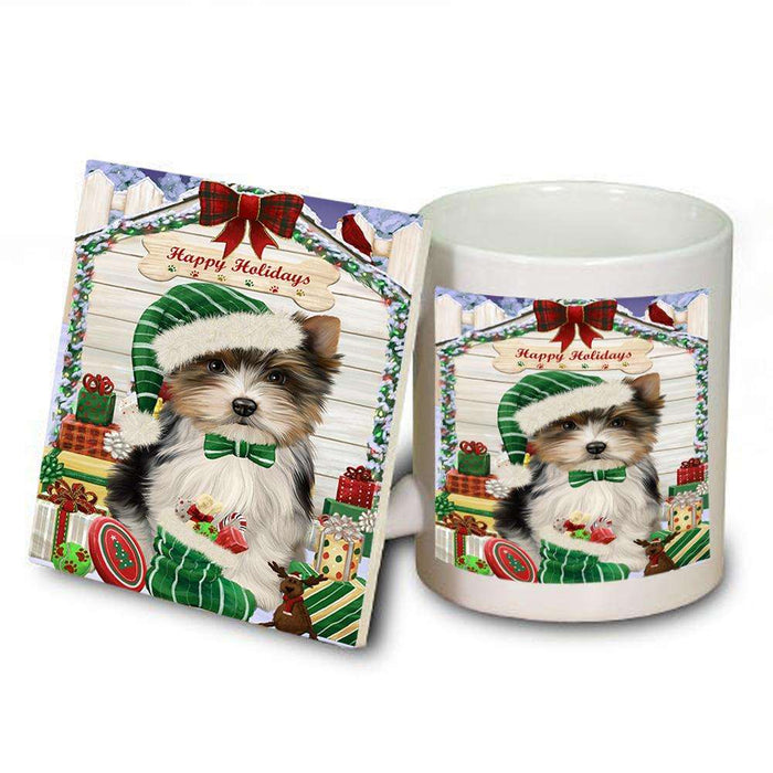 Happy Holidays Christmas Biewer Terrier Dog With Presents Mug and Coaster Set MUC52626