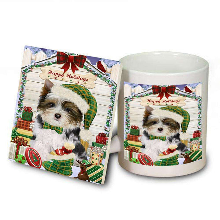 Happy Holidays Christmas Biewer Terrier Dog With Presents Mug and Coaster Set MUC52627