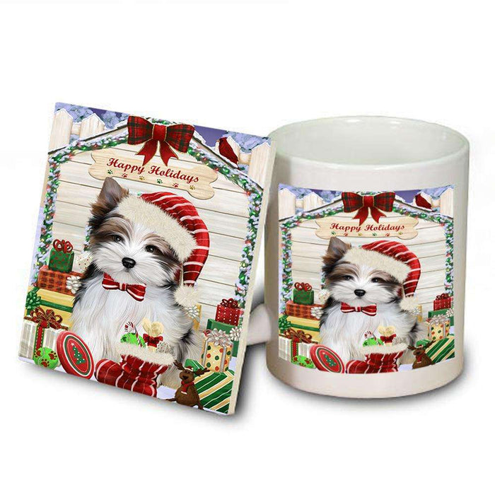 Happy Holidays Christmas Biewer Terrier Dog With Presents Mug and Coaster Set MUC52628