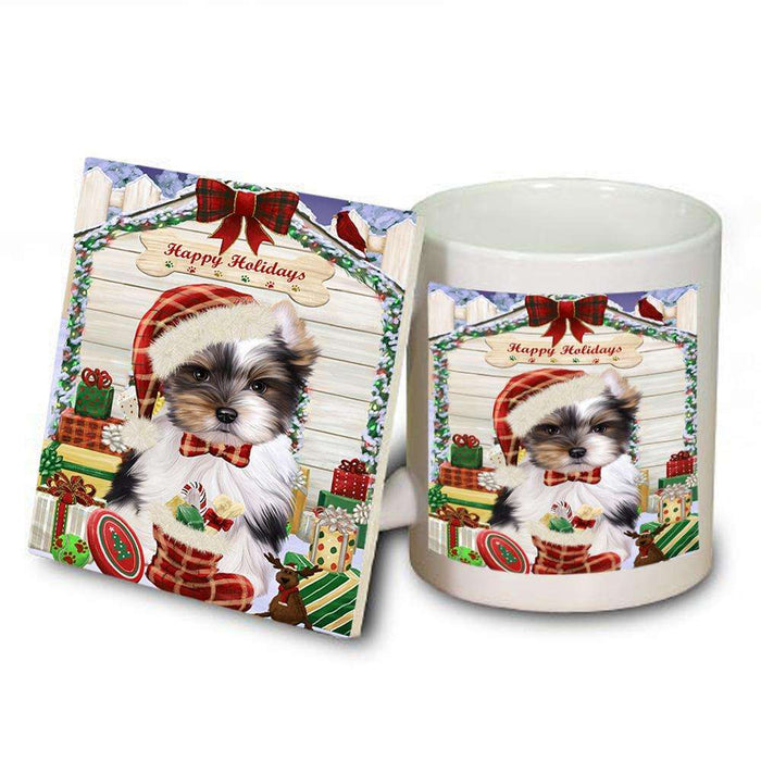 Happy Holidays Christmas Biewer Terrier Dog With Presents Mug and Coaster Set MUC52629