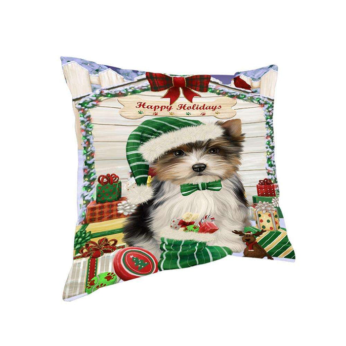 Happy Holidays Christmas Biewer Terrier Dog With Presents Pillow PIL66692