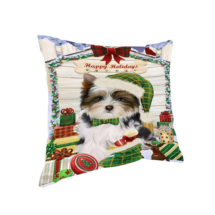 Happy Holidays Christmas Biewer Terrier Dog With Presents Pillow PIL66696