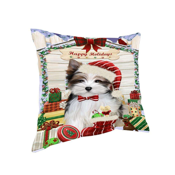 Happy Holidays Christmas Biewer Terrier Dog With Presents Pillow PIL66700