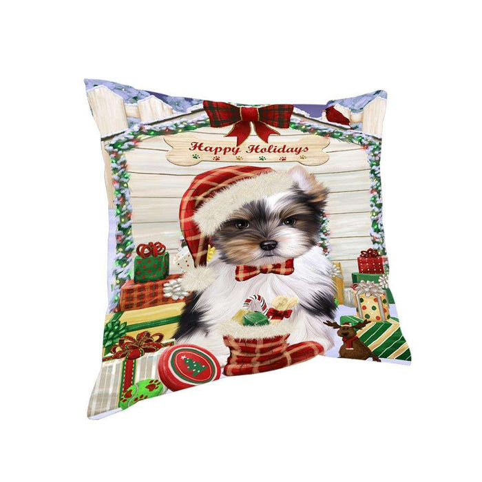 Happy Holidays Christmas Biewer Terrier Dog With Presents Pillow PIL66704