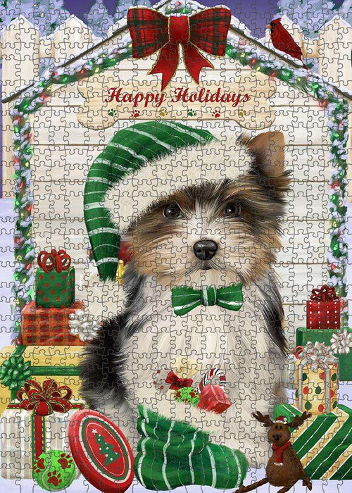 Happy Holidays Christmas Biewer Terrier Dog With Presents Puzzle with Photo Tin PUZL61833