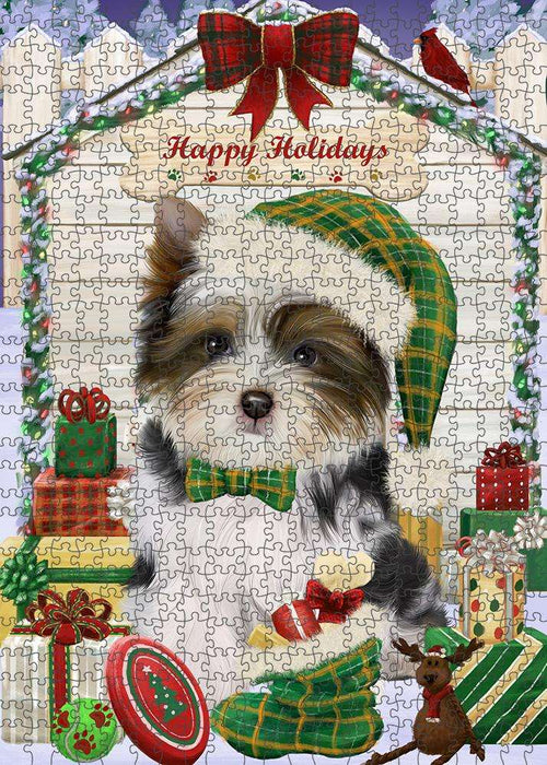 Happy Holidays Christmas Biewer Terrier Dog With Presents Puzzle with Photo Tin PUZL61836