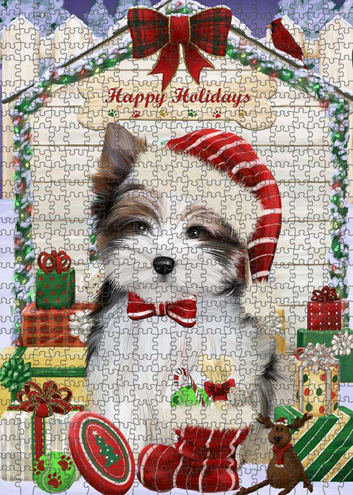 Happy Holidays Christmas Biewer Terrier Dog With Presents Puzzle with Photo Tin PUZL61839