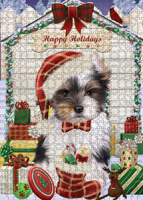 Happy Holidays Christmas Biewer Terrier Dog With Presents Puzzle with Photo Tin PUZL61842