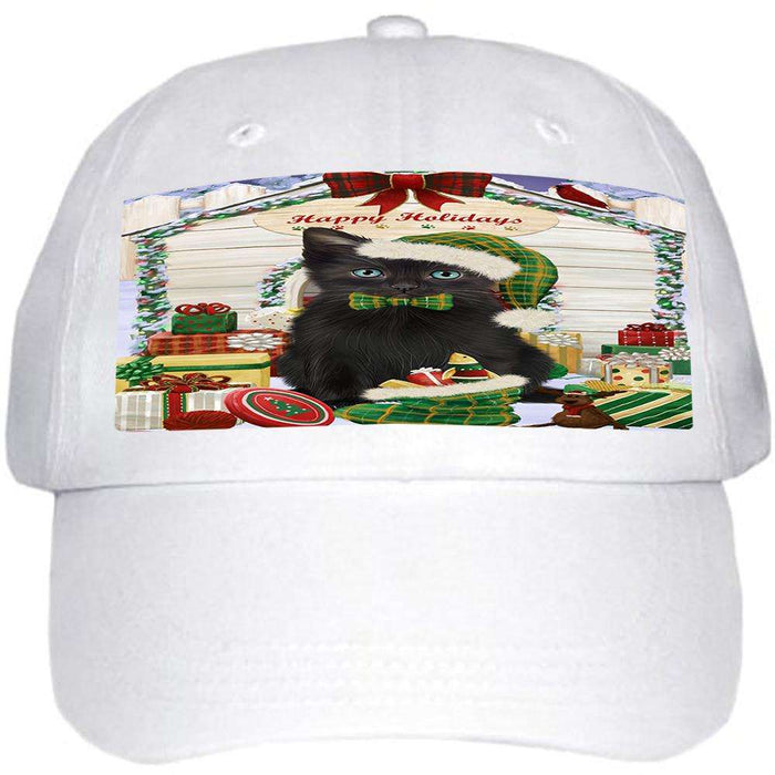 Happy Holidays Christmas Black Cat With Presents Ball Hat Cap HAT61647
