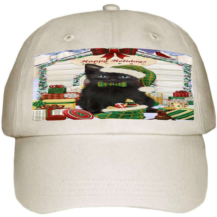 Happy Holidays Christmas Black Cat With Presents Ball Hat Cap HAT61647