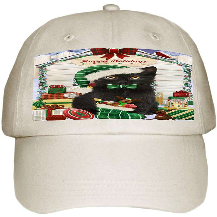 Happy Holidays Christmas Black Cat With Presents Ball Hat Cap HAT61650