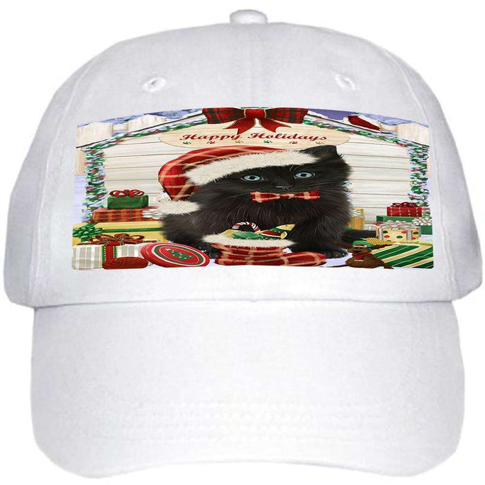 Happy Holidays Christmas Black Cat With Presents Ball Hat Cap HAT61653