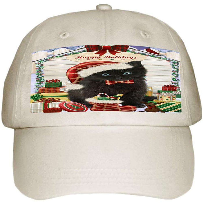 Happy Holidays Christmas Black Cat With Presents Ball Hat Cap HAT61653