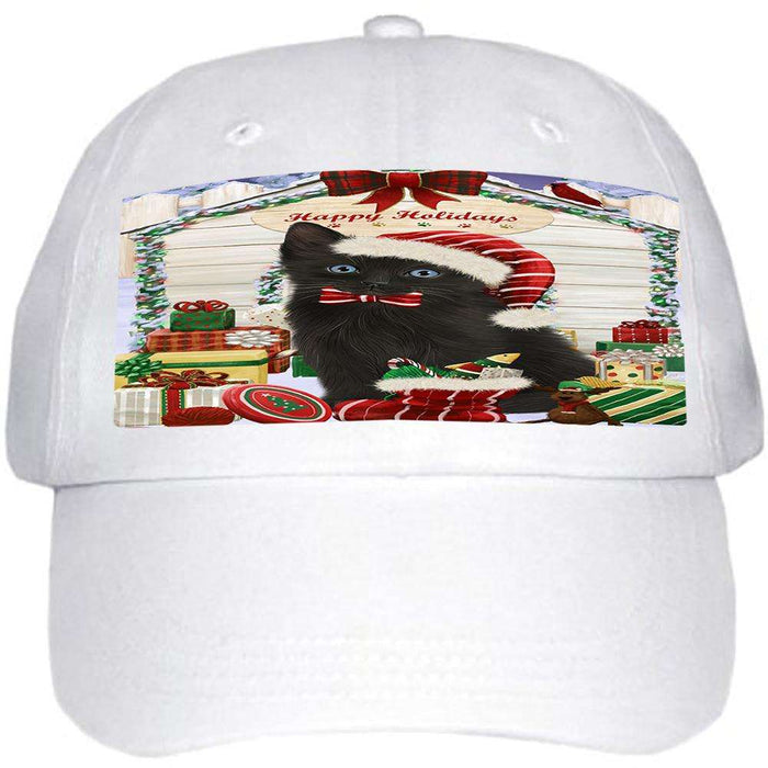 Happy Holidays Christmas Black Cat With Presents Ball Hat Cap HAT61656