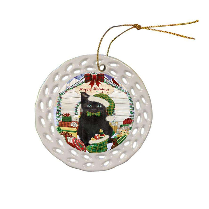 Happy Holidays Christmas Black Cat With Presents Ceramic Doily Ornament DPOR52638