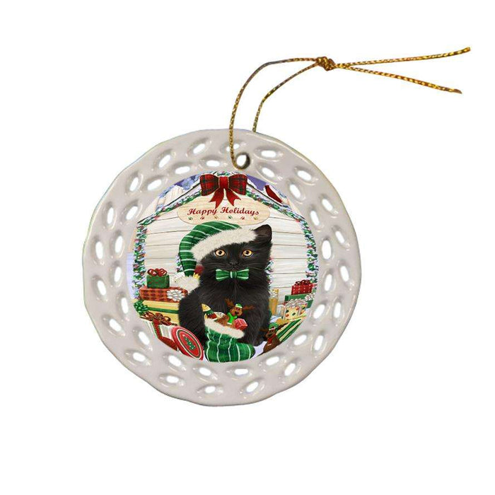 Happy Holidays Christmas Black Cat With Presents Ceramic Doily Ornament DPOR52639