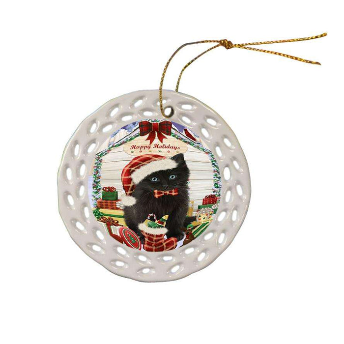 Happy Holidays Christmas Black Cat With Presents Ceramic Doily Ornament DPOR52640
