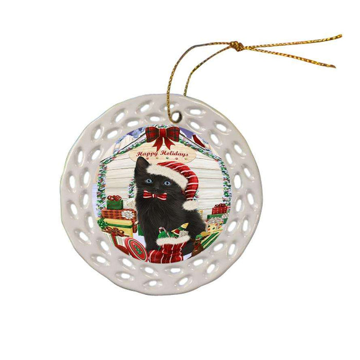 Happy Holidays Christmas Black Cat With Presents Ceramic Doily Ornament DPOR52641