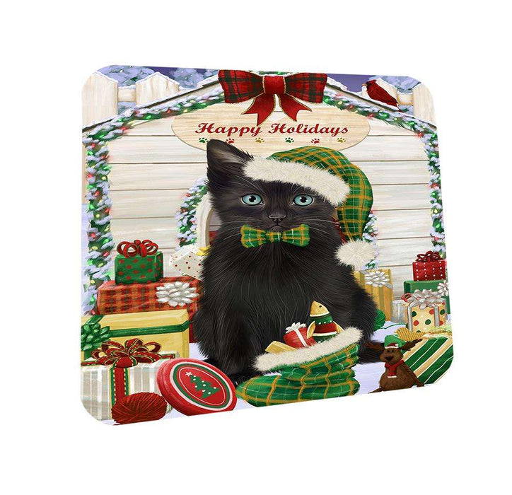 Happy Holidays Christmas Black Cat With Presents Coasters Set of 4 CST52597