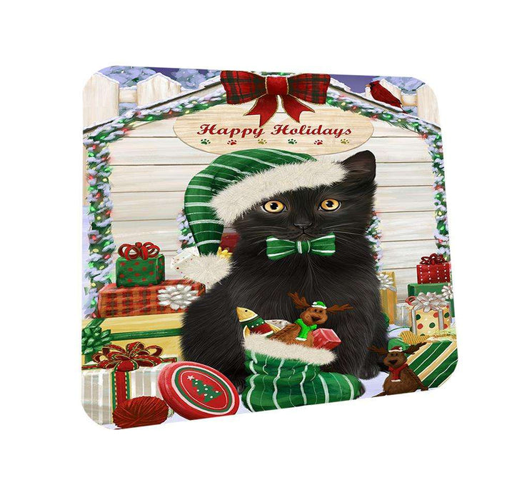 Happy Holidays Christmas Black Cat With Presents Coasters Set of 4 CST52598