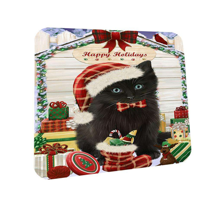 Happy Holidays Christmas Black Cat With Presents Coasters Set of 4 CST52599
