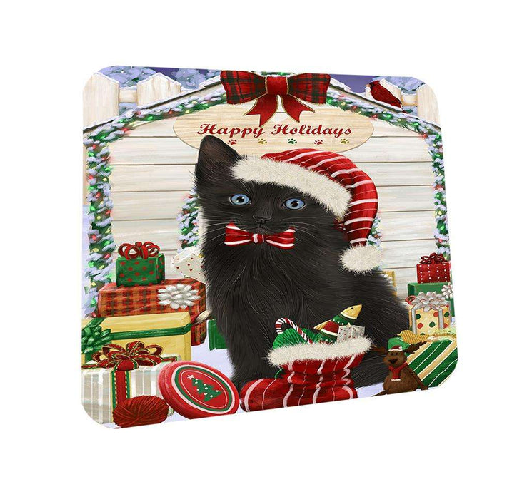 Happy Holidays Christmas Black Cat With Presents Coasters Set of 4 CST52600