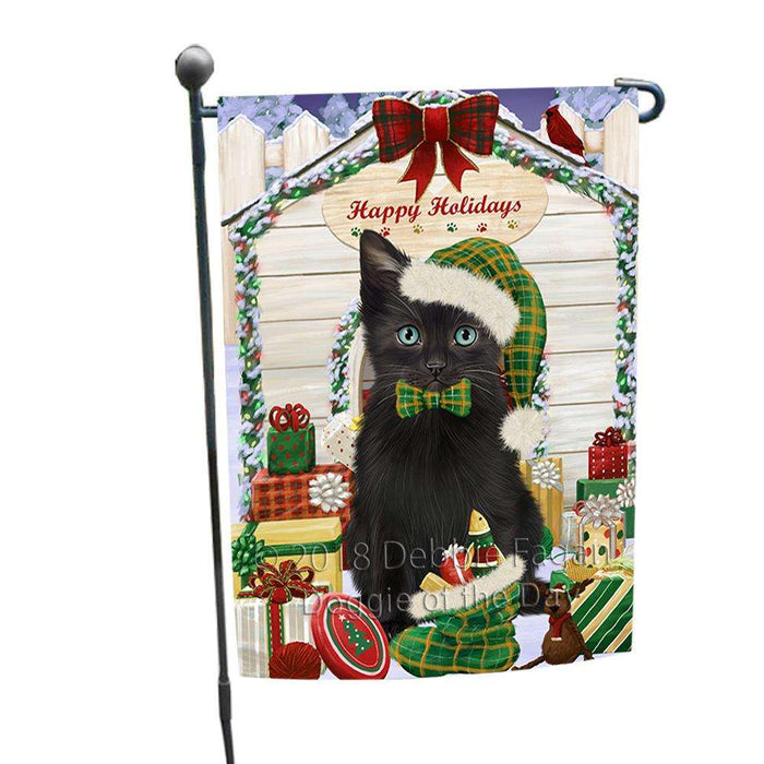 Happy Holidays Christmas Black Cat With Presents Garden Flag GFLG52583