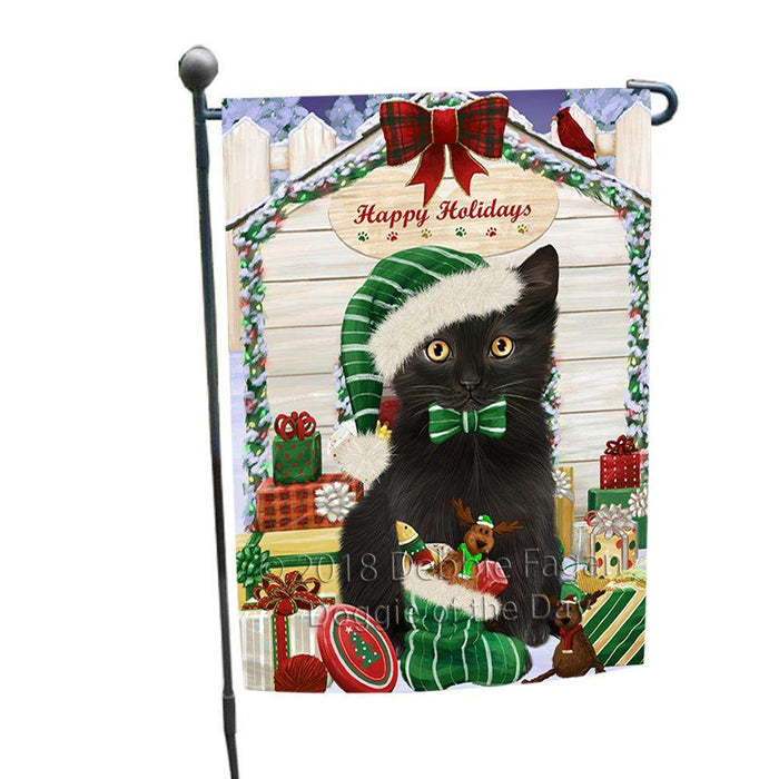 Happy Holidays Christmas Black Cat With Presents Garden Flag GFLG52584