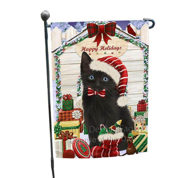 Happy Holidays Christmas Black Cat With Presents Garden Flag GFLG52586