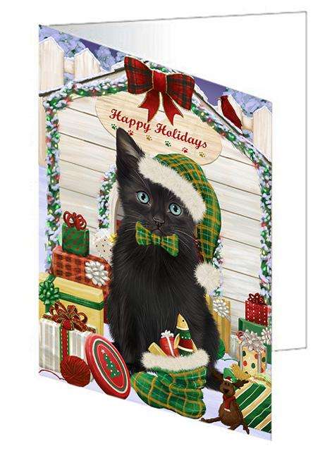 Happy Holidays Christmas Black Cat With Presents Handmade Artwork Assorted Pets Greeting Cards and Note Cards with Envelopes for All Occasions and Holiday Seasons GCD61943