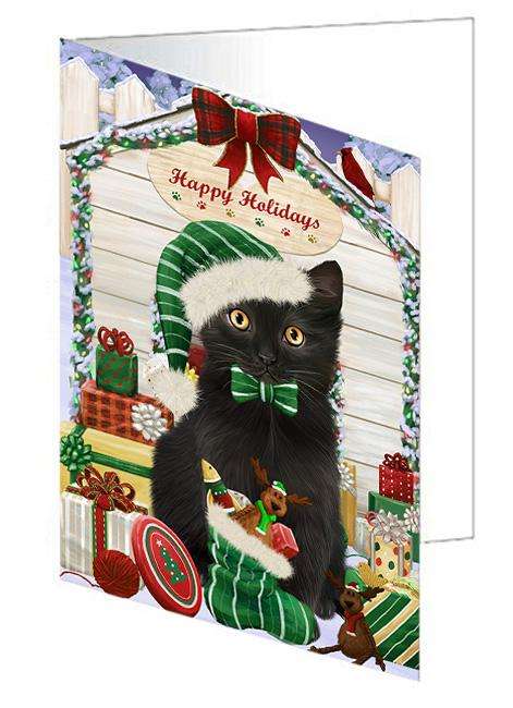 Happy Holidays Christmas Black Cat With Presents Handmade Artwork Assorted Pets Greeting Cards and Note Cards with Envelopes for All Occasions and Holiday Seasons GCD61946