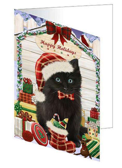 Happy Holidays Christmas Black Cat With Presents Handmade Artwork Assorted Pets Greeting Cards and Note Cards with Envelopes for All Occasions and Holiday Seasons GCD61949
