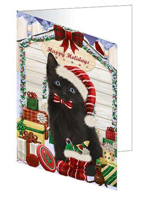 Happy Holidays Christmas Black Cat With Presents Handmade Artwork Assorted Pets Greeting Cards and Note Cards with Envelopes for All Occasions and Holiday Seasons GCD61952