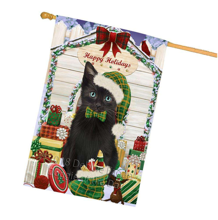 Happy Holidays Christmas Black Cat With Presents House Flag FLG52719