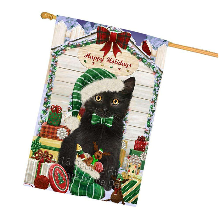 Happy Holidays Christmas Black Cat With Presents House Flag FLG52720
